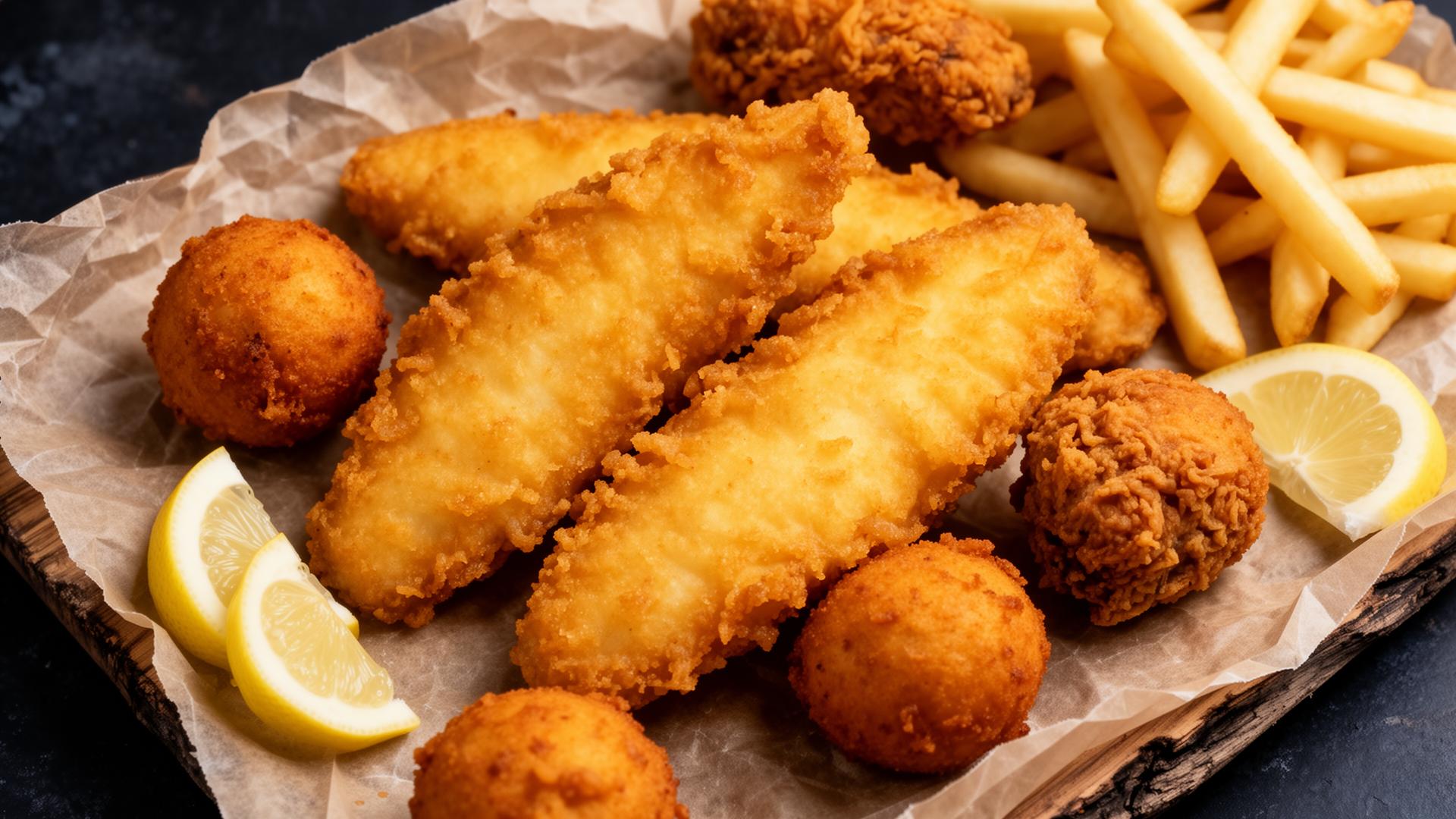 Golden fried fish, hush puppies and fries on parchment